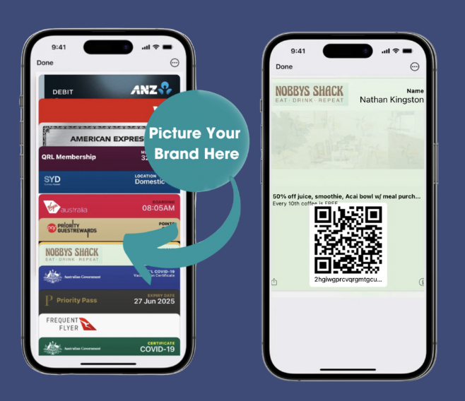 This image showcases two smartphones displaying digital wallet passes. The left phone features a variety of digital cards, including debit, frequent flyer, and membership cards, with an arrow pointing to a spot labeled 