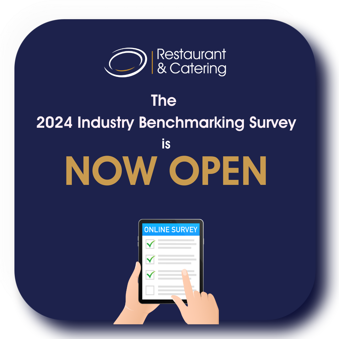 The image promotes the 2024 Industry Benchmarking Survey for the Restaurant & Catering sector. The survey is 